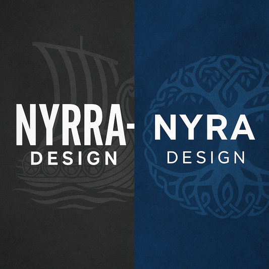 Gegenüberstellung von Nyrra-Design (Wien) mit Wikinger-Schiff und Nyra Design (Berlin) mit Lebensbaum – visuelle Erklärung der Markenunterschiede.