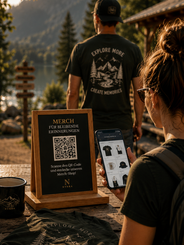 Gäste eines Tourismusbetriebs entdecken über einen QR-Code individuellen Merch auf dem Smartphone. Outdoor-Szene mit personalisierten T-Shirts, Merch-Aufsteller und Naturkulisse als Beispiel für das Nyrra Merch System ohne Lagerhaltung und organisatorischen Aufwand.