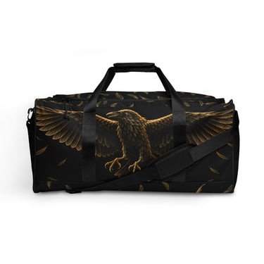 Huginn & Muninn Weekender Reisetasche – Schwarz/Gold – Frontansicht mit Huginn im Landeanflug