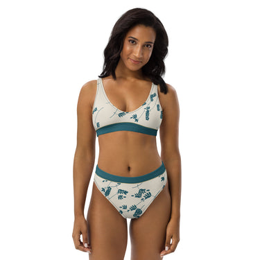 High-Waist-Bikini Porzellan powered by Nyrra-Design – Creme mit Petrol-Ranken – Flatlay Vorderseite