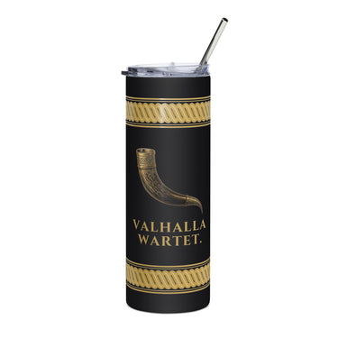 Edelstahlbecher VALHALLA WARTET. – Vorderansicht – goldenes Trinkhorn auf Schwarz und Schriftzug, 600 ml, powered by Nyrra-Design