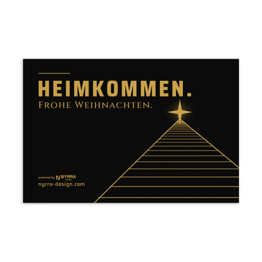 Postkarte Heimkommen. – goldene Gleise zum Weihnachtsstern, Gold auf Schwarz, powered by Nyrra-Design