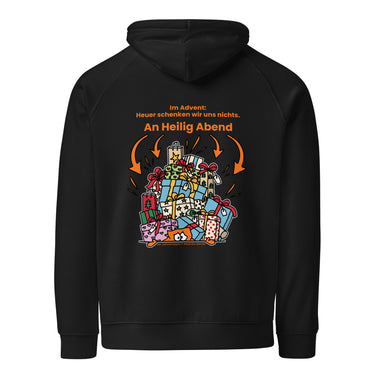 Jammerlappen „Heuer schenken wir uns nichts“ Weihnachts-Hoodie – Schwarz – Rückansicht