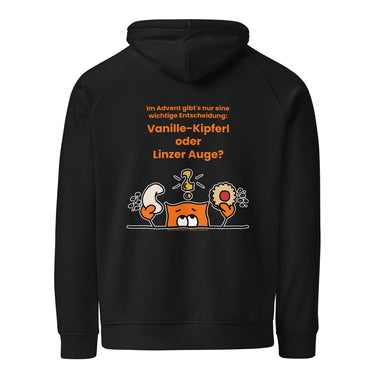 Jammerlappen „Vanille-Kipferl oder Linzer Auge?“ Weihnachts-Hoodie – Schwarz – Rückansicht