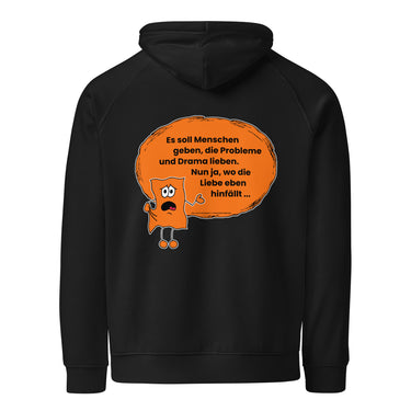Jammerlappen „Wo die Liebe eben hinfällt“ Spruch-Hoodie – Schwarz – Rückansicht