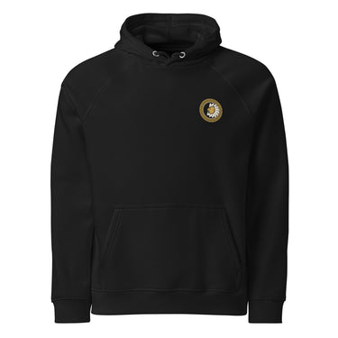 Herakles Griechische Mythologie Hoodie – Schwarz – Frontansicht mit Nemeischer-Löwe-Medaillon in Gold