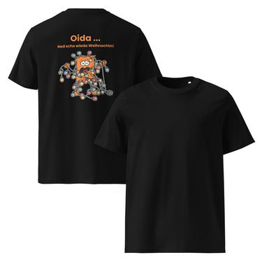 Jammerlappen „Oida … Ned scho wieda Weihnochtn!“ Weihnachts-Shirt – Schwarz – Vorder- und Rückansicht