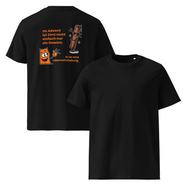 Jammerlappen „Zimt ist eine Lebenseinstellung“ Weihnachts-Shirt – Schwarz – Vorder- und Rückansicht