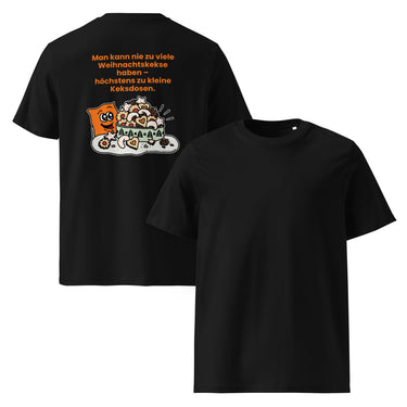 Jammerlappen „Nie zu viele Weihnachtskekse“ Weihnachts-Shirt – Schwarz – Vorder- und Rückansicht
