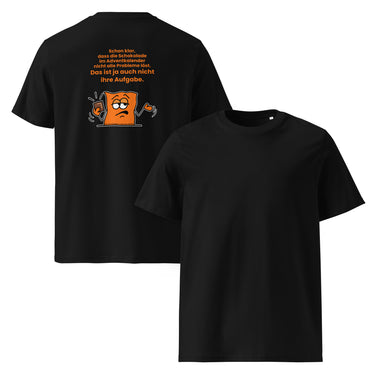 Jammerlappen „Schokolade im Adventkalender“ Weihnachts-Shirt – Schwarz – Vorder- und Rückansicht