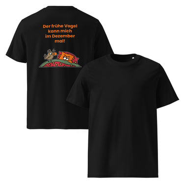Jammerlappen „Der frühe Vogel kann mich im Dezember mal!“ Weihnachts-Shirt – Schwarz – Vorder- und Rückansicht