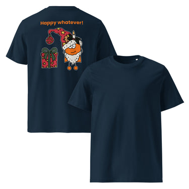 Jammerlappen „Happy whatever!“ Weihnachts-T-Shirt – French Navy – Rücken- und Vorderansicht