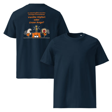 Jammerlappen „Vanille-Kipferl oder Linzer Auge?“ Weihnachts-T-Shirt – French Navy – Rücken- und Vorderansicht