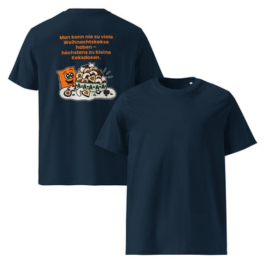 Jammerlappen „Nie zu viele Weihnachtskekse“ Weihnachts-Shirt – French Navy – Vorder- und Rückansicht