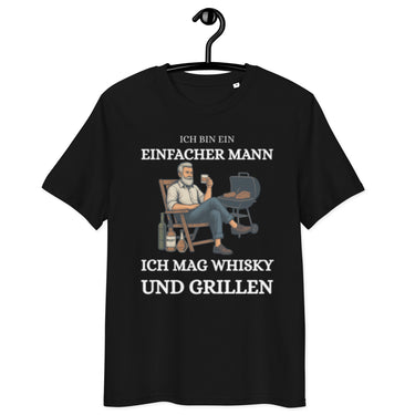 schwarzes T-Shirt mit Spruch ich bin ein einfacher mann ich mag whisky und grillen, Illustration eines Mannes mit Grill und Whiskyglas