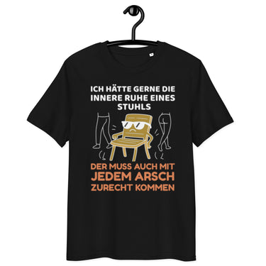 schwarzes T-Shirt mit Spruch ich hätte gerne die innere ruhe eines stuhls der muss auch mit jedem arsch zurecht kommen, Illustration eines genervten Stuhls mit Sonnenbrille