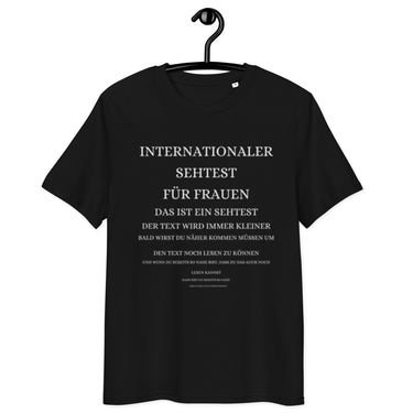 schwarzes T-Shirt mit Spruch internationaler Sehtest für Frauen, Text in abnehmender Schriftgröße, letzte Zeile mich lecken kannst