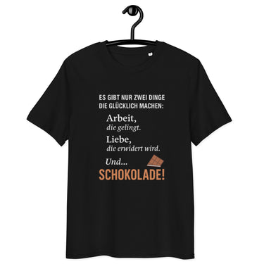 schwarzes T-Shirt mit Spruch es gibt nur zwei dinge die glücklich machen arbeit liebe und schokolade, Schokoladenstück-Icon, Text in weiß und braun