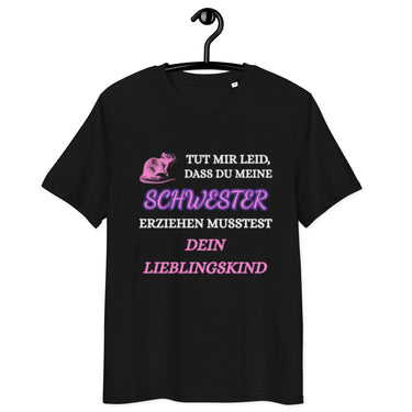 schwarzes T-Shirt mit Spruch tut mir leid dass du meine schwester erziehen musstest dein lieblingskind, pinke Ratte als Grafik