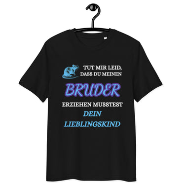 schwarzes T-Shirt mit Spruch tut mir leid dass du meinen bruder erziehen musstest dein lieblingskind, kleine graue Ratte als Grafik