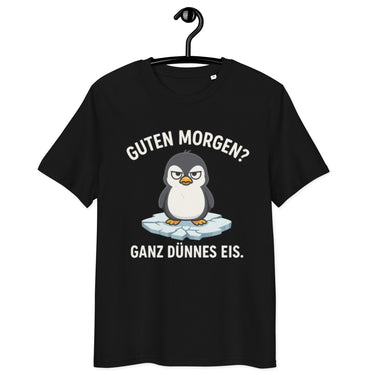 schwarzes T-Shirt mit Spruch guten morgen ganz dünnes eis, grantiger Pinguin auf Eisscholle als Grafikmotiv