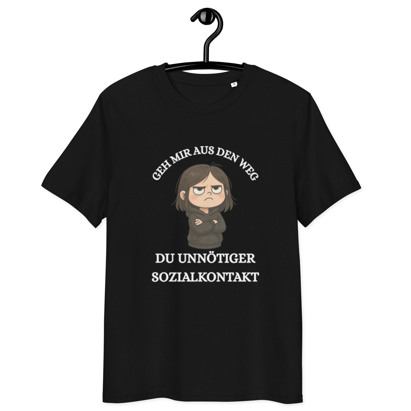 schwarzes T-Shirt mit Aufdruck geh mir aus den weg du unnötiger sozialkontakt, genervte Cartoonfigur mit verschränkten Armen