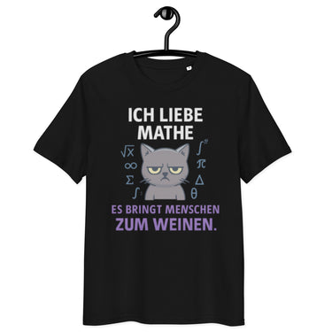 schwarzes T-Shirt mit Spruch ich liebe mathe es bringt menschen zum weinen, grummelige graue Katze, Mathe-Symbole in blau