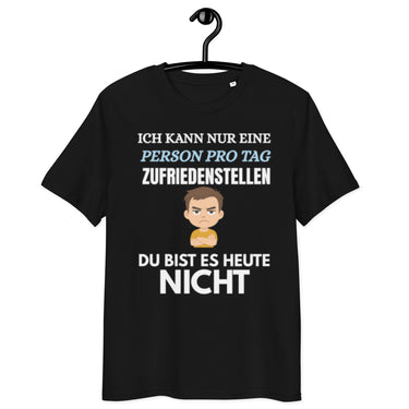 schwarzes T-Shirt mit Spruch ich kann nur eine person pro tag zufriedenstellen du bist es heute nicht, wütender Comic-Junge in der Mitte