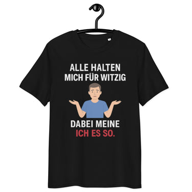 schwarzes T-Shirt mit Spruch alle halten mich für witzig dabei meine ich es so, Figur mit blauen Shirt und Schulterzucken