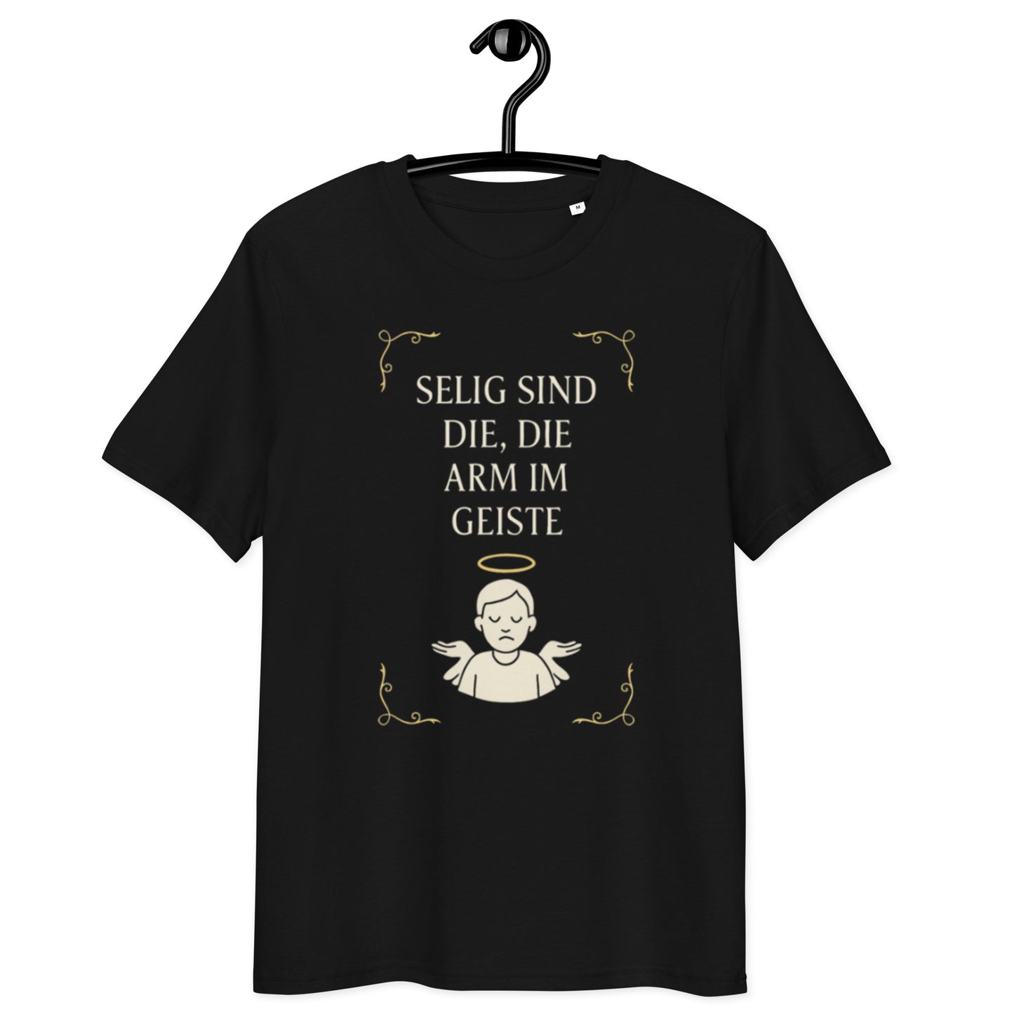 schwarzes T-Shirt mit Text selig sind die die arm im Geiste in beige, Engelszeichnung mit Heiligenschein darunter