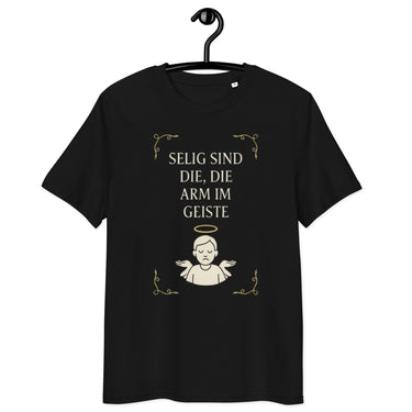 schwarzes T-Shirt mit Text selig sind die die arm im Geiste in beige, Engelszeichnung mit Heiligenschein darunter