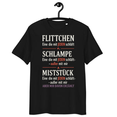 schwarzes T-Shirt mit Text flittchen schlampe miststück und ironischen Definitionen in weiß rot und violett