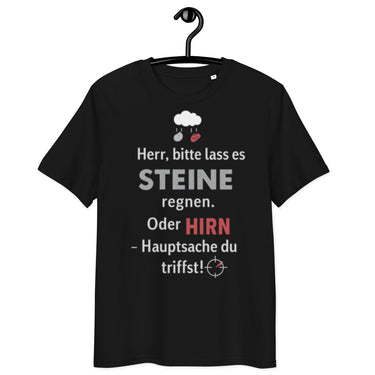 schwarzes T-Shirt mit Spruch herr bitte lass es Steine regnen oder Hirn Hauptsache du triffst, Symbole für Wolke, Stein, Hirn und Zielkreuz