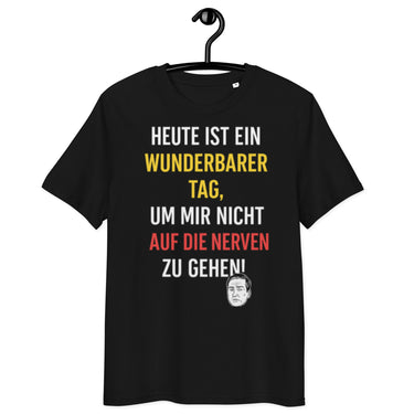 schwarzes T-Shirt mit Spruch heute ist ein wunderbarer Tag um mir nicht auf die Nerven zu gehen, Gelb-Rot-Betonung, Gesichtsgrafik unten