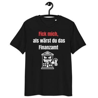 schwarzes T-Shirt mit Spruch fick mich als wärst du das Finanzamt in rot und weiß, wütendes Finanzamt-Icon mit Stempel und Zunge