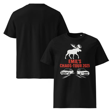 Schwarzes Emil’s Chaos-Tour 2025 T-Shirt mit Elch und Autos von NYRRA-DESIGN
