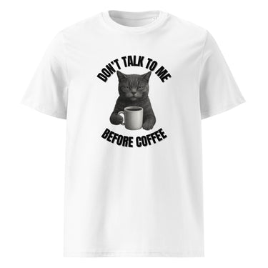 Weißes T-Shirt mit Katze und Spruch Don’t Talk To Me Before Coffee