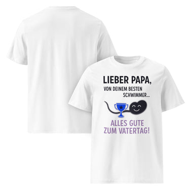 Nyrra-Design „Lieber Papa…“ – Lustiges Vatertags-Shirt vom besten Schwimmer mit Pokal & Augenzwinkern Front Weiß