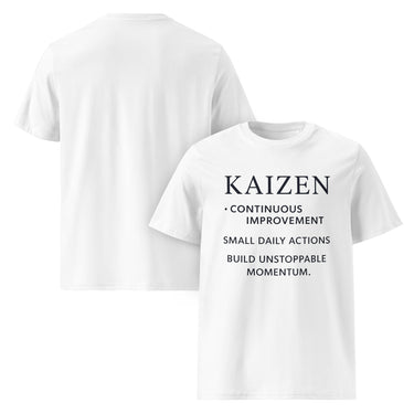 Nyrra-Design Kaizen T-Shirt – Mindset-Spruch über tägliche Verbesserung, Momentum & Erfolg, minimalistisch & motivierend Front Weiß