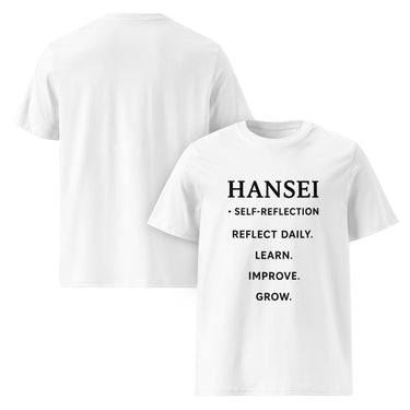 Nyrra-Design Hansei T-Shirt – Tägliche Selbstreflexion, Lernen & Wachstum als minimalistisches Erfolgsstatement Front Weiß