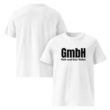 Alt-Text
Weißes T-Shirt mit Spruch „GmbH – Geh mal Bier holen“ in schwarzer Schrift