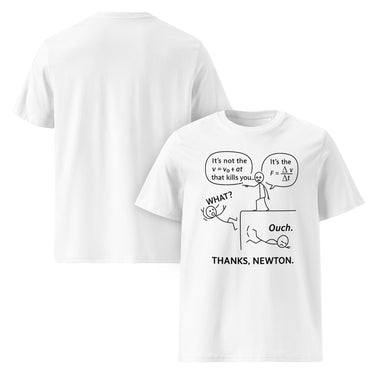 Weißes T-Shirt mit Cartoon-Illustration von Isaac Newton und Spruch Travel Newton