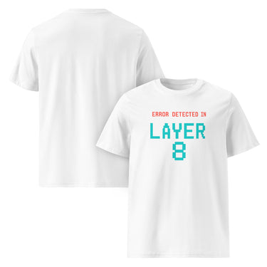 Nerd T-Shirt mit Spruch Issue Detected in Layer 8, minimalistisches IT Statement in Rot und Blau auf Weiß