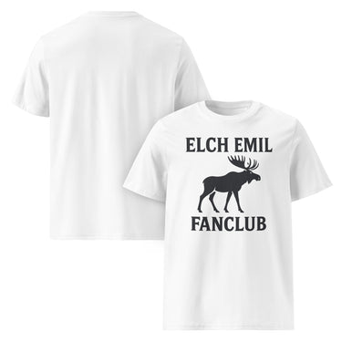 Weißes T-Shirt mit Elch Emil Fanclub Aufdruck von NYRRA-DESIGN