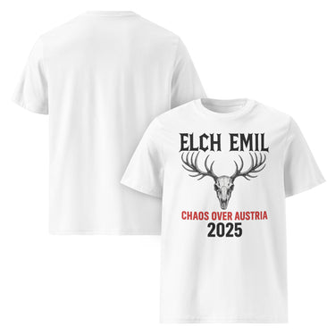 Weißes T-Shirt Elch Emil Chaos Over Austria 2025 von NYRRA-DESIGN