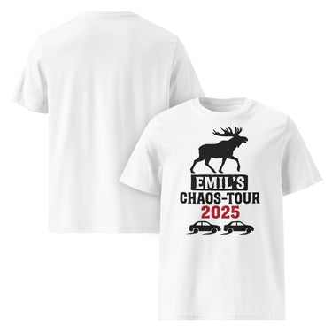 Weißes T-Shirt Emil’s Chaos-Tour 2025 mit Elch und Autos von NYRRA-DESIGN