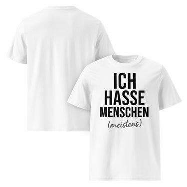 Weißes T-Shirt mit Spruch Ich hasse Menschen meistens in schwarzer Schrift