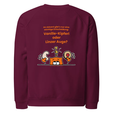 Jammerlappen „Vanille-Kipferl oder Linzer Auge?“ Weihnachts-Pullover – Burgundy – Rückansicht