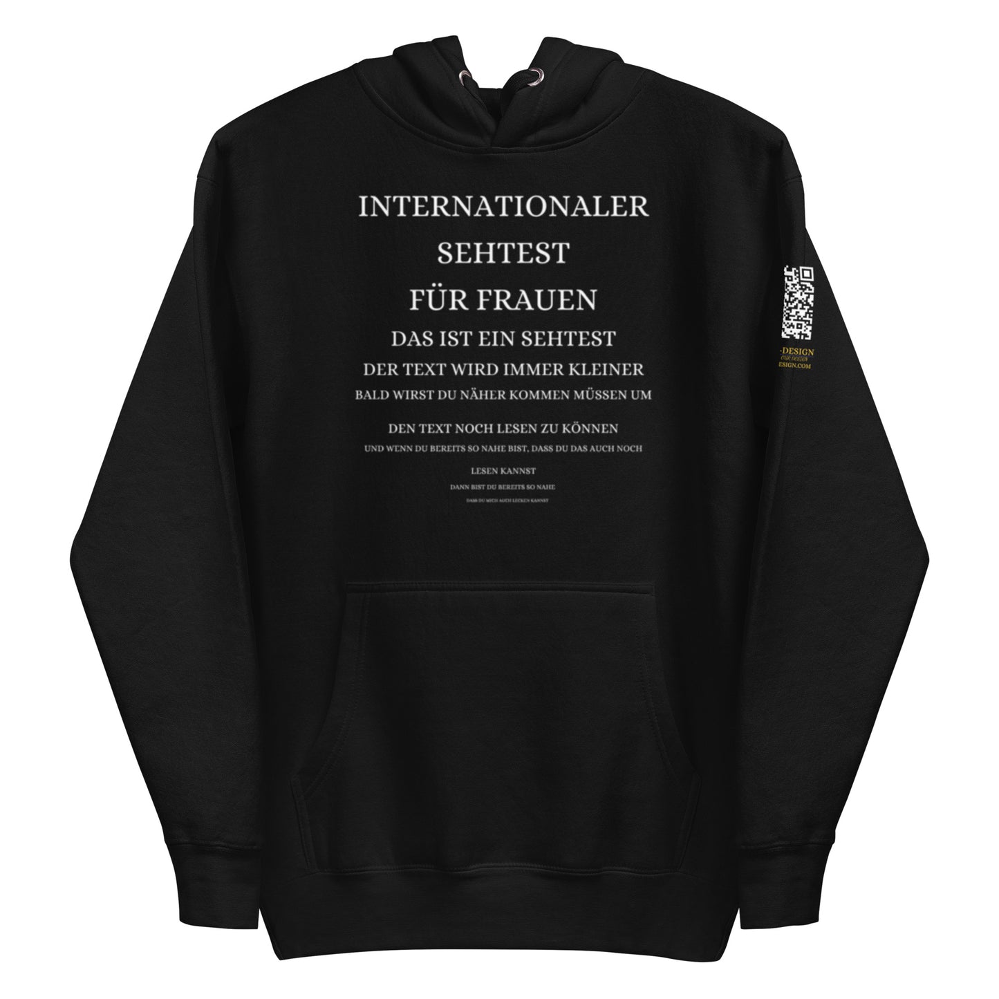 schwarzer Hoodie mit Aufdruck internationaler Sehtest für Frauen mit anzüglicher letzter Zeile, QR-Code am Ärmel