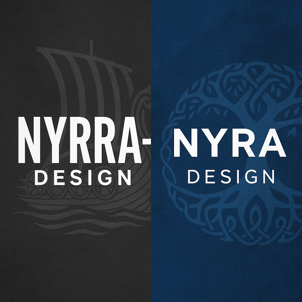 Gegenüberstellung von Nyrra-Design (Wien) mit Wikinger-Schiff und Nyra Design (Berlin) mit Lebensbaum – visuelle Erklärung der Markenunterschiede.